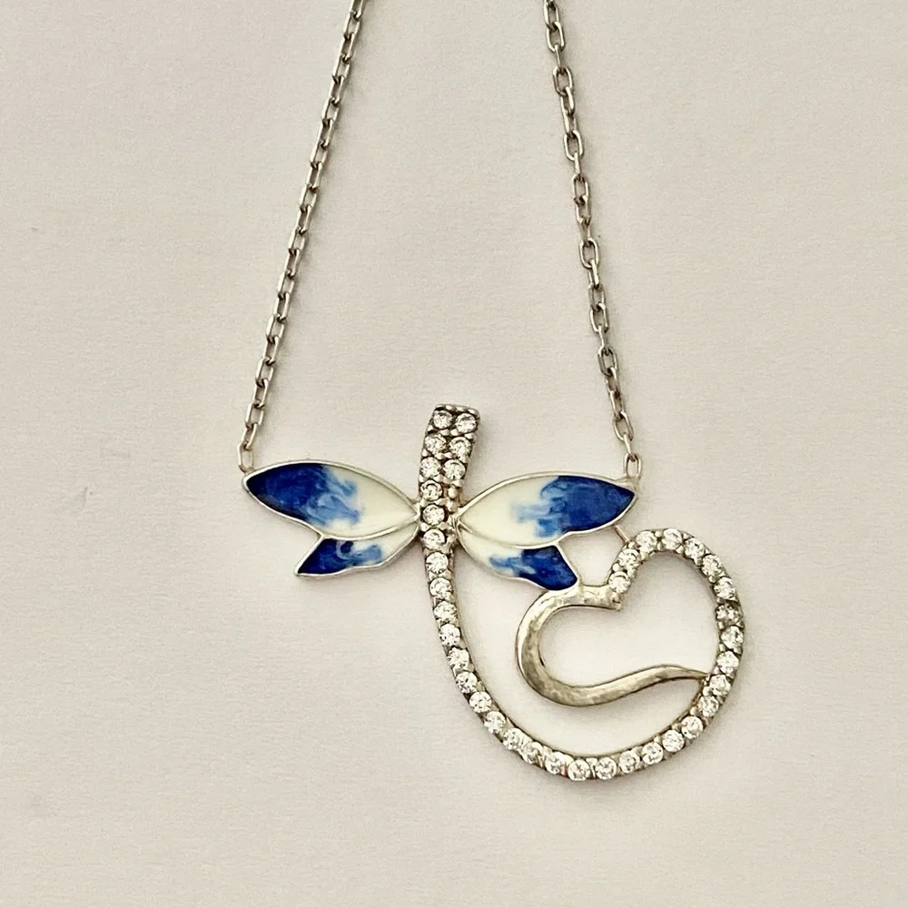 925 Silver dragonfly heart necklace blue / white enamel cubic zirconia cz stones